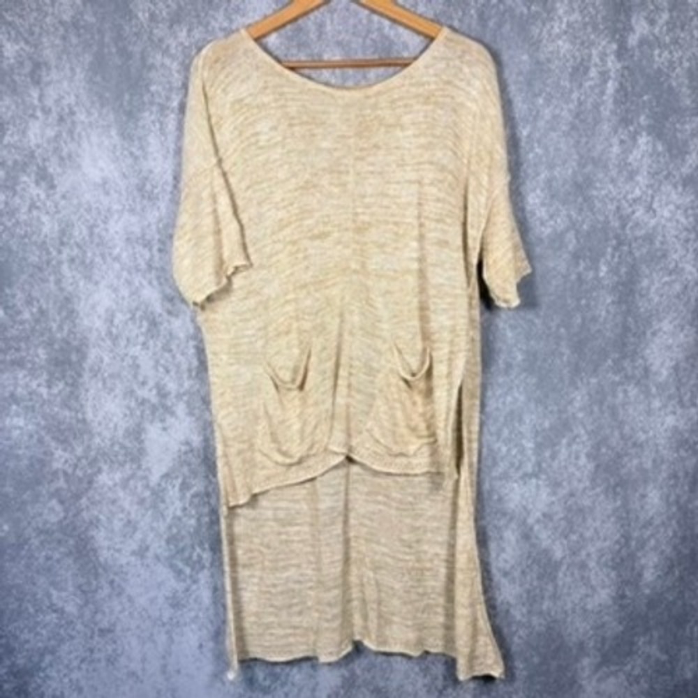 Free People Tunic Women XS Tan High Low Linen Blend Knit Pocket Top